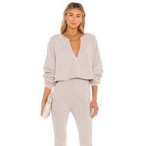 Lovers + Friends Deep V Neck Sweatshirt in Moonbeam Taupe